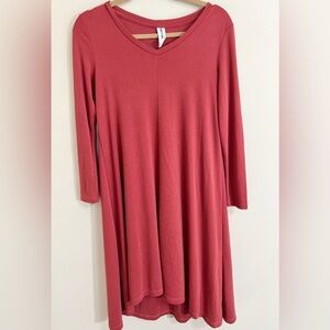 AGNES & DORA Hi-Low Terracotta‎ V-Neck Ribbed Knit Long Sleeve Swing Dress XS